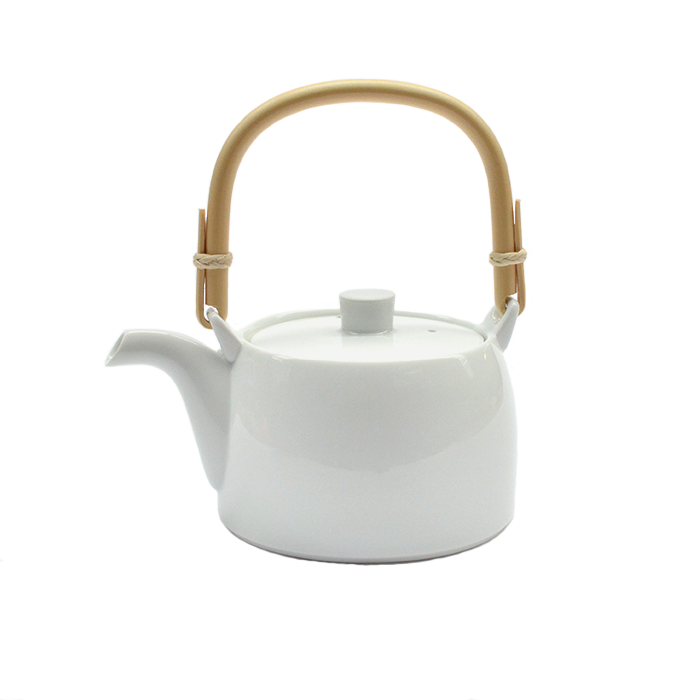 White Tea pot with Bamboo Handle